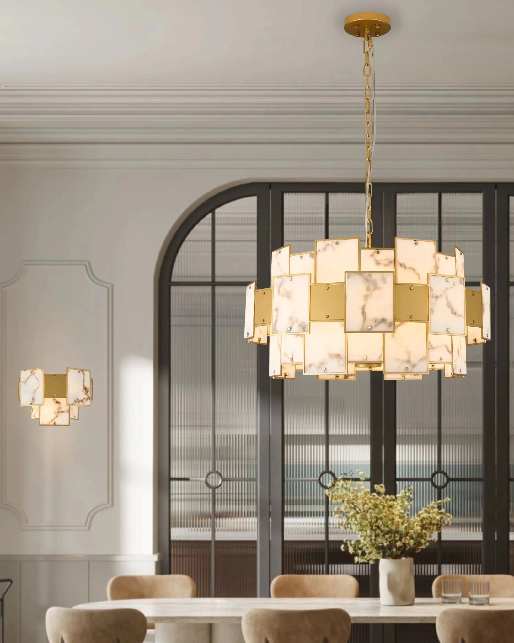 Luminosity Designs Ltd - Bardot 74cm Round Pendant/Semi Flush Faux Alabaster With Metal Plates Art Deco Style Light, 17 x E14, 2m Chain - Luminosity Designs Ltd