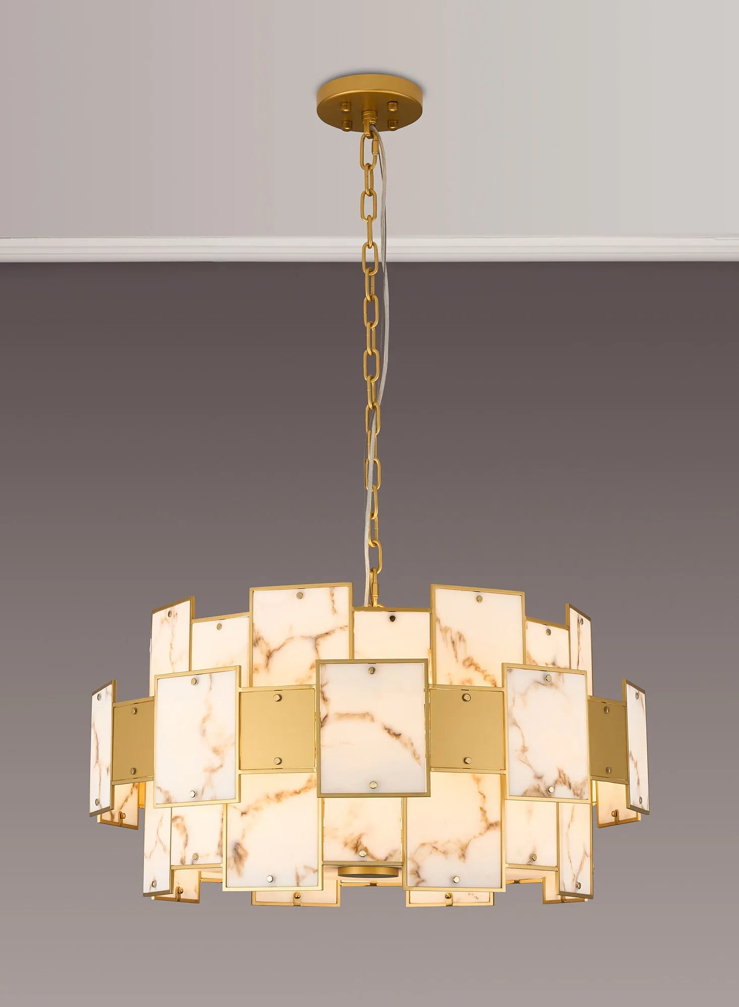 Luminosity Designs Ltd - Bardot 74cm Round Pendant/Semi Flush Faux Alabaster With Metal Plates Art Deco Style Light, 17 x E14, 2m Chain - Luminosity Designs Ltd
