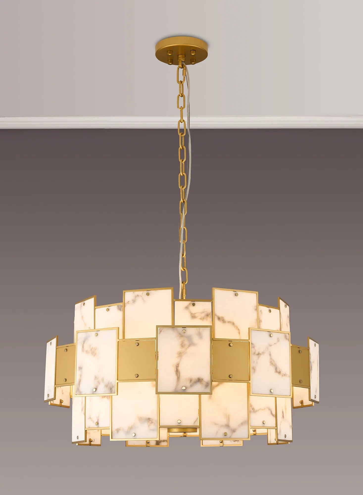 Luminosity Designs Ltd - Bardot 74cm Round Pendant/Semi Flush Faux Alabaster With Metal Plates Art Deco Style Light, 17 x E14, 2m Chain - Luminosity Designs Ltd