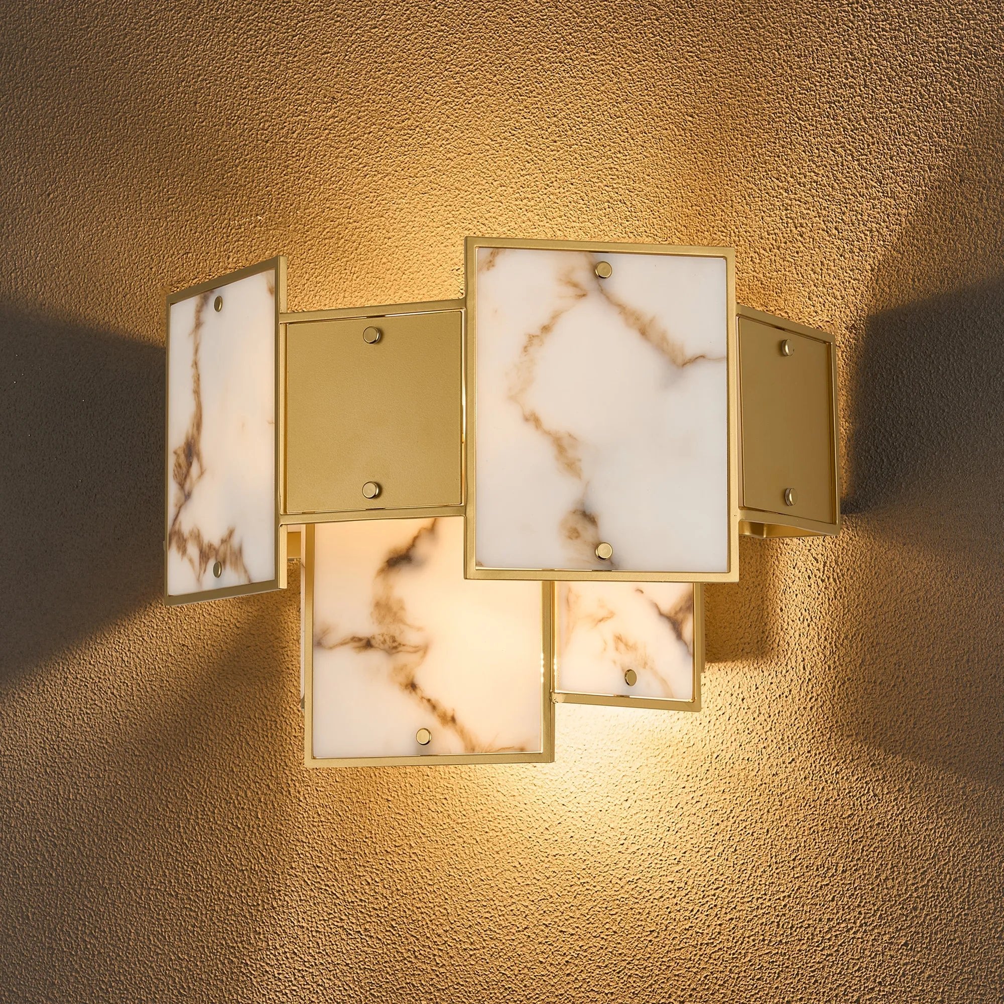 Luminosity Designs Ltd - Bardot Switched Wall Light Flush Faux Alabaster With Metal Plates Art Deco Style Light, 2 x E14 - Luminosity Designs Ltd
