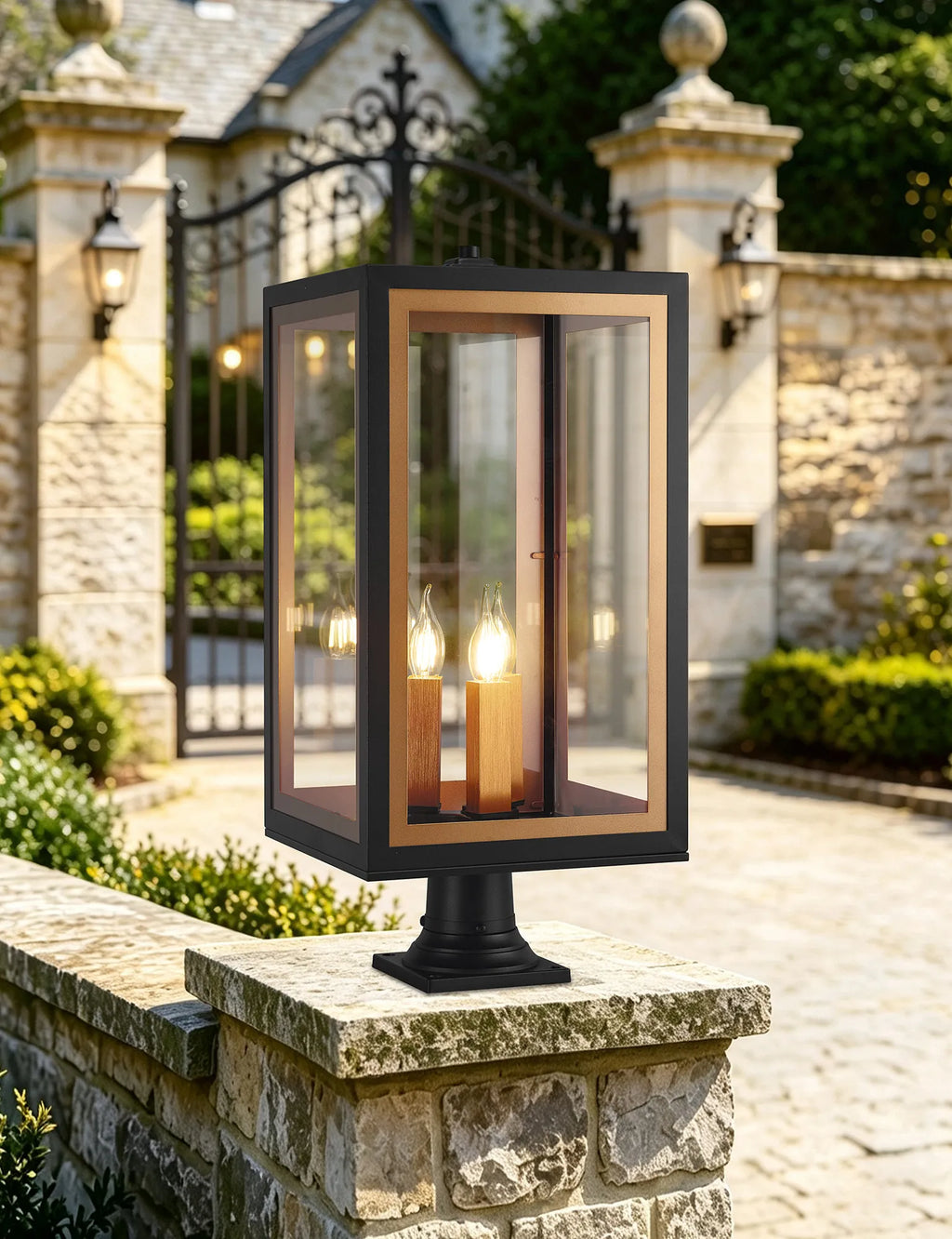 Belial Rectangular Post Lamp Large, 3 x E14, IP54, Satin Black And Gold Inner Frame Inserts Included