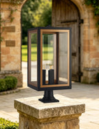Belial Rectangular Post Lamp Large, 3 x E14, IP54, Satin Black And Gold Inner Frame Inserts Included