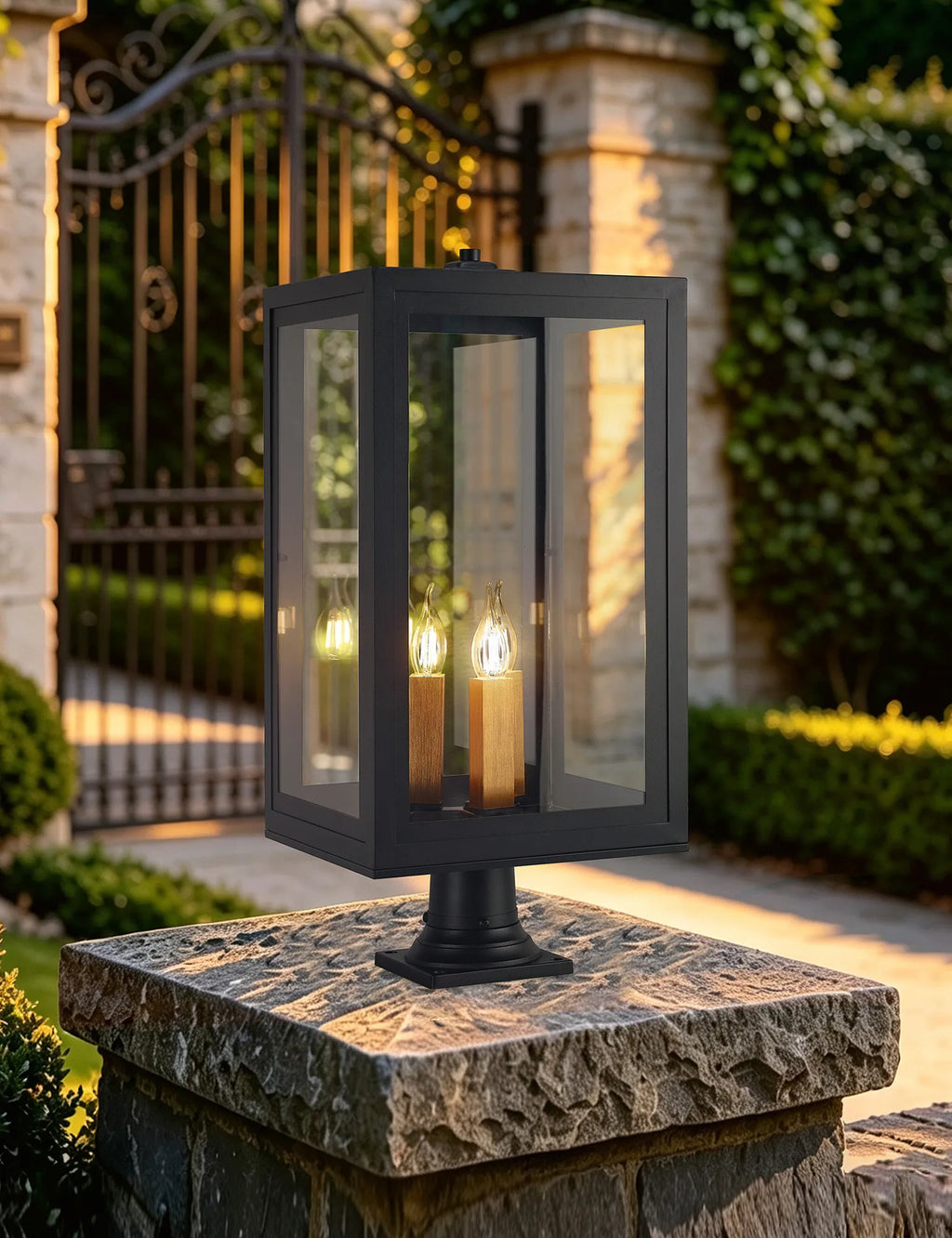 Belial Rectangular Post Lamp Large, 3 x E14, IP54, Satin Black And Gold Inner Frame Inserts Included