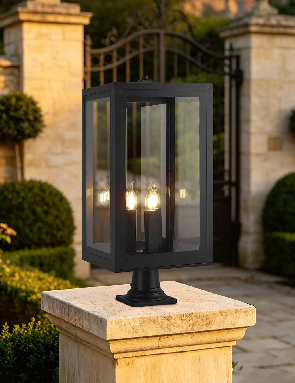 Belial Rectangular Post Lamp Large, 3 x E14, IP54, Satin Black And Gold Inner Frame Inserts Included
