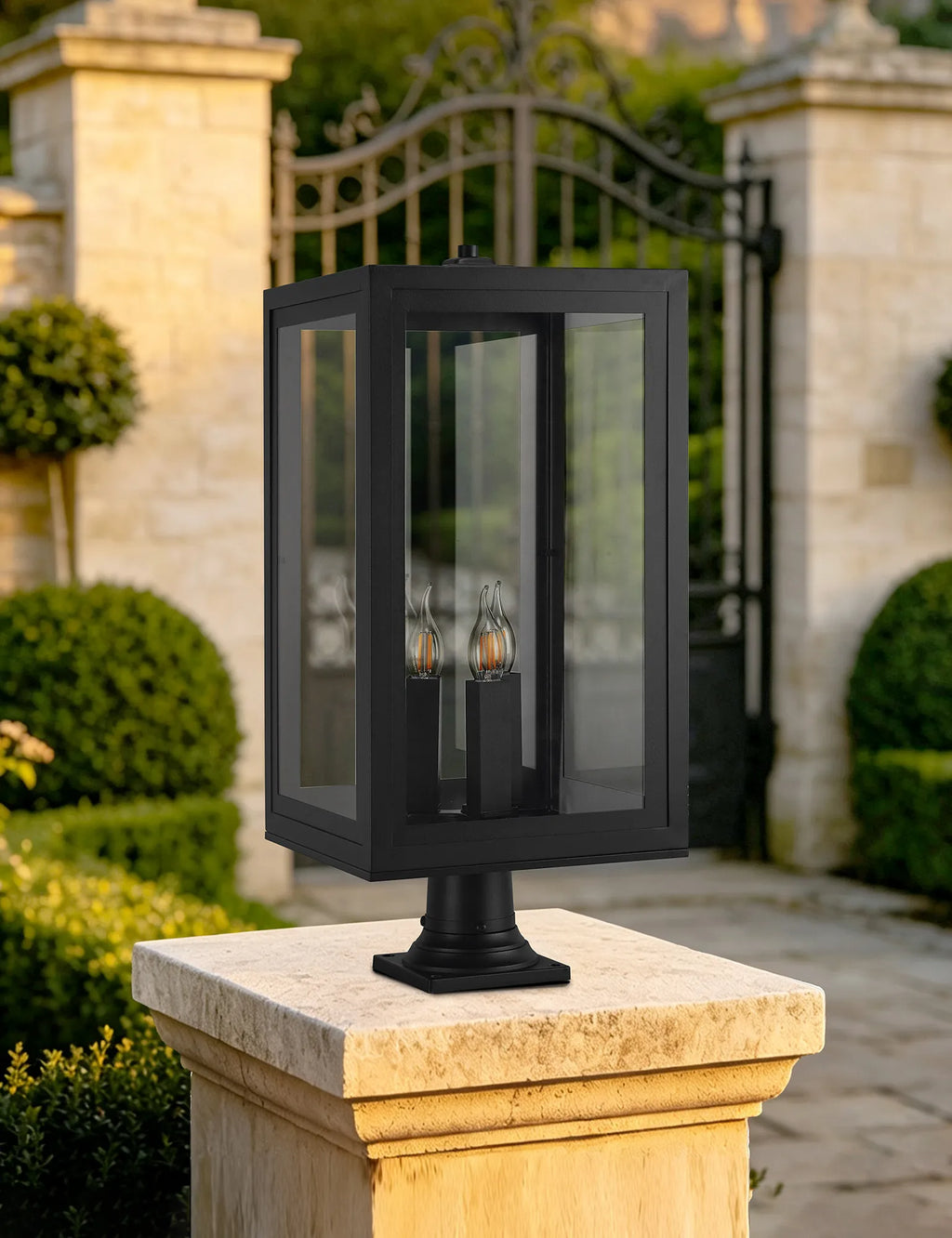 Belial Rectangular Post Lamp Large, 3 x E14, IP54, Satin Black And Gold Inner Frame Inserts Included