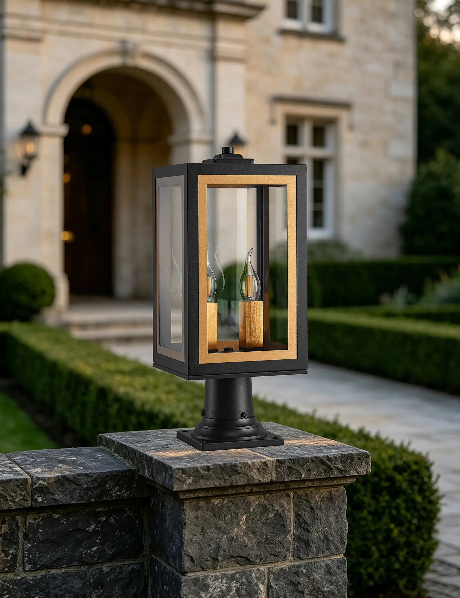 Belial Rectangular Post Lamp Small, 2 x E14, IP54, Satin Black And Gold Inner Frame Inserts Included (Copy)