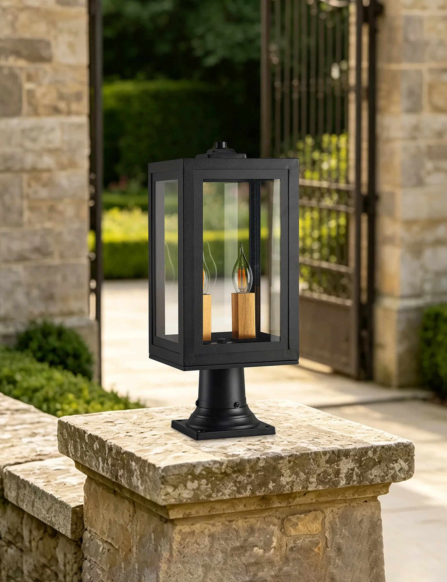 Belial Rectangular Post Lamp Small, 2 x E14, IP54, Satin Black And Gold Inner Frame Inserts Included (Copy)