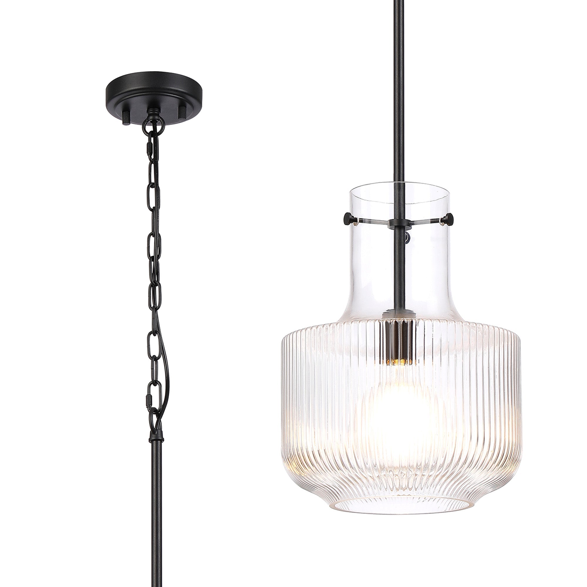 Luminosity Designs - Belait Fluted Ribbed Glass Pendant, 1 x E27, Metal/Clear Glass - Luminosity Designs Ltd