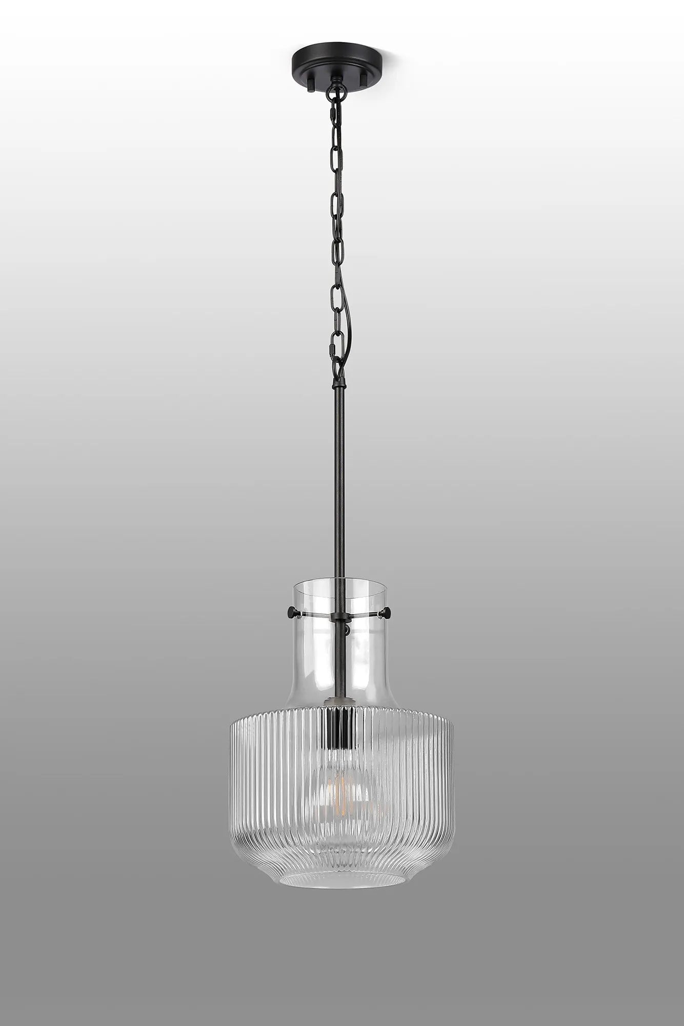 Luminosity Designs - Belait Fluted Ribbed Glass Pendant, 1 x E27, Metal/Clear Glass - Luminosity Designs Ltd