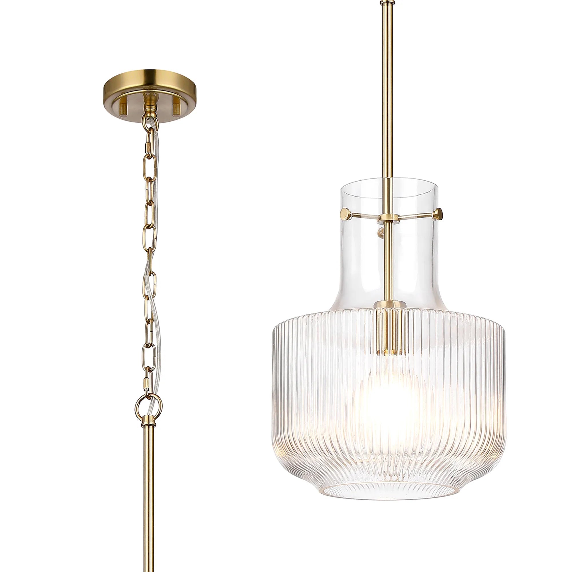 Luminosity Designs - Belait Fluted Ribbed Glass Pendant, 1 x E27, Metal/Clear Glass - Luminosity Designs Ltd