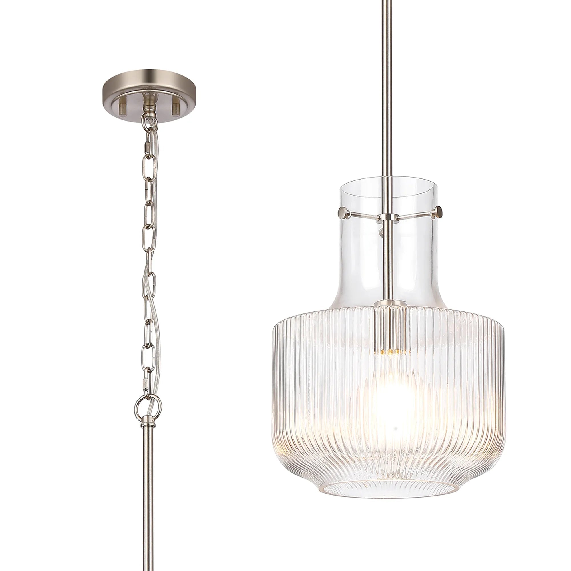 Luminosity Designs - Belait Fluted Ribbed Glass Pendant, 1 x E27, Metal/Clear Glass - Luminosity Designs Ltd