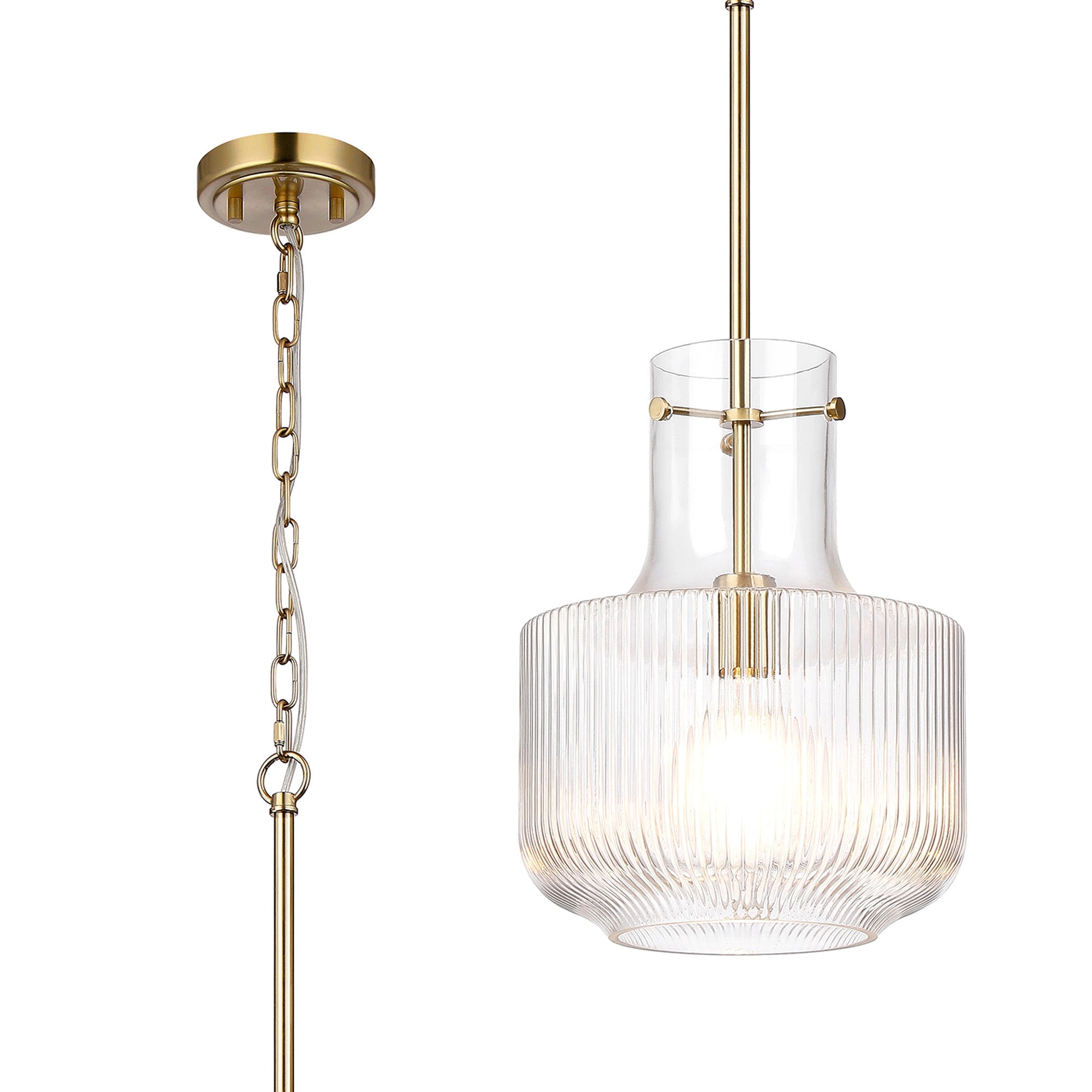 Luminosity Designs - Belait Fluted Ribbed Glass Pendant, 1 x E27, Metal/Clear Glass - Luminosity Designs Ltd