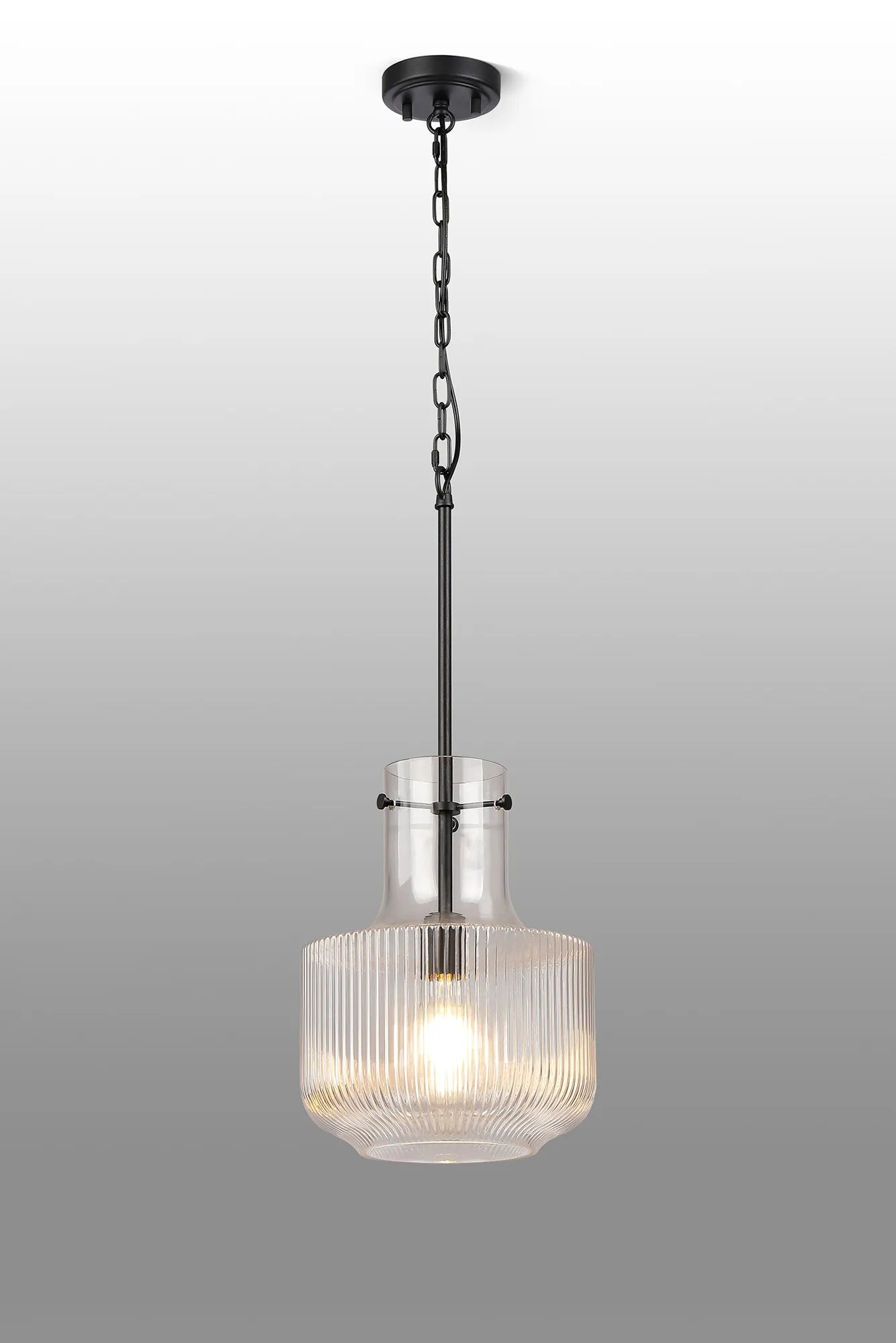 Belait Fluted Ribbed Glass Pendant, 1 x E27, Metal/Clear Glass