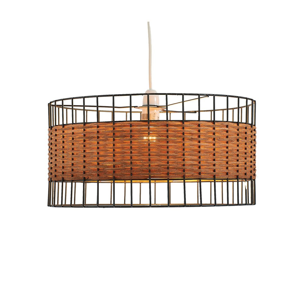 Oaks Lighting - Belfort Medium Non Electric Pendant Drum Shade in Matt Black Metalwork With Rattan Detailing (Copy) - Luminosity Designs Ltd