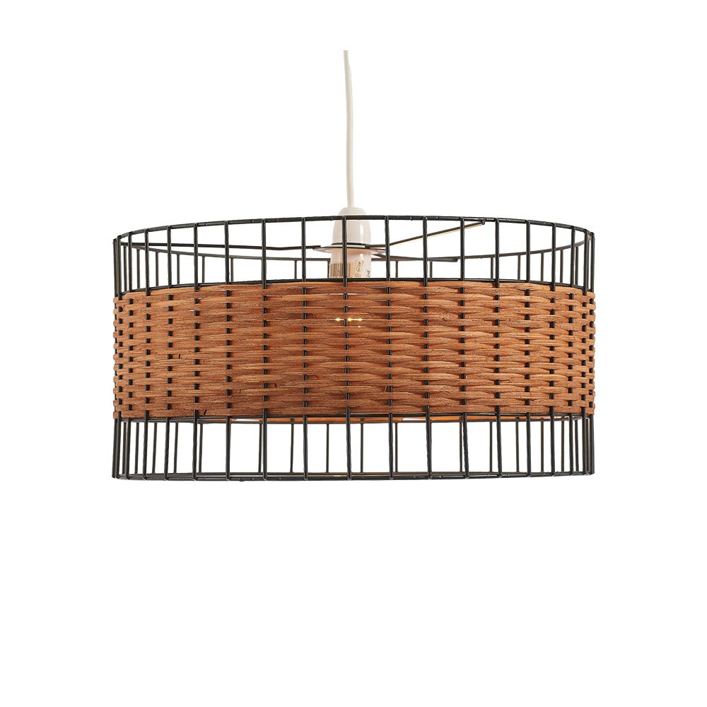Oaks Lighting - Belfort Medium Non Electric Pendant Drum Shade in Matt Black Metalwork With Rattan Detailing (Copy) - Luminosity Designs Ltd