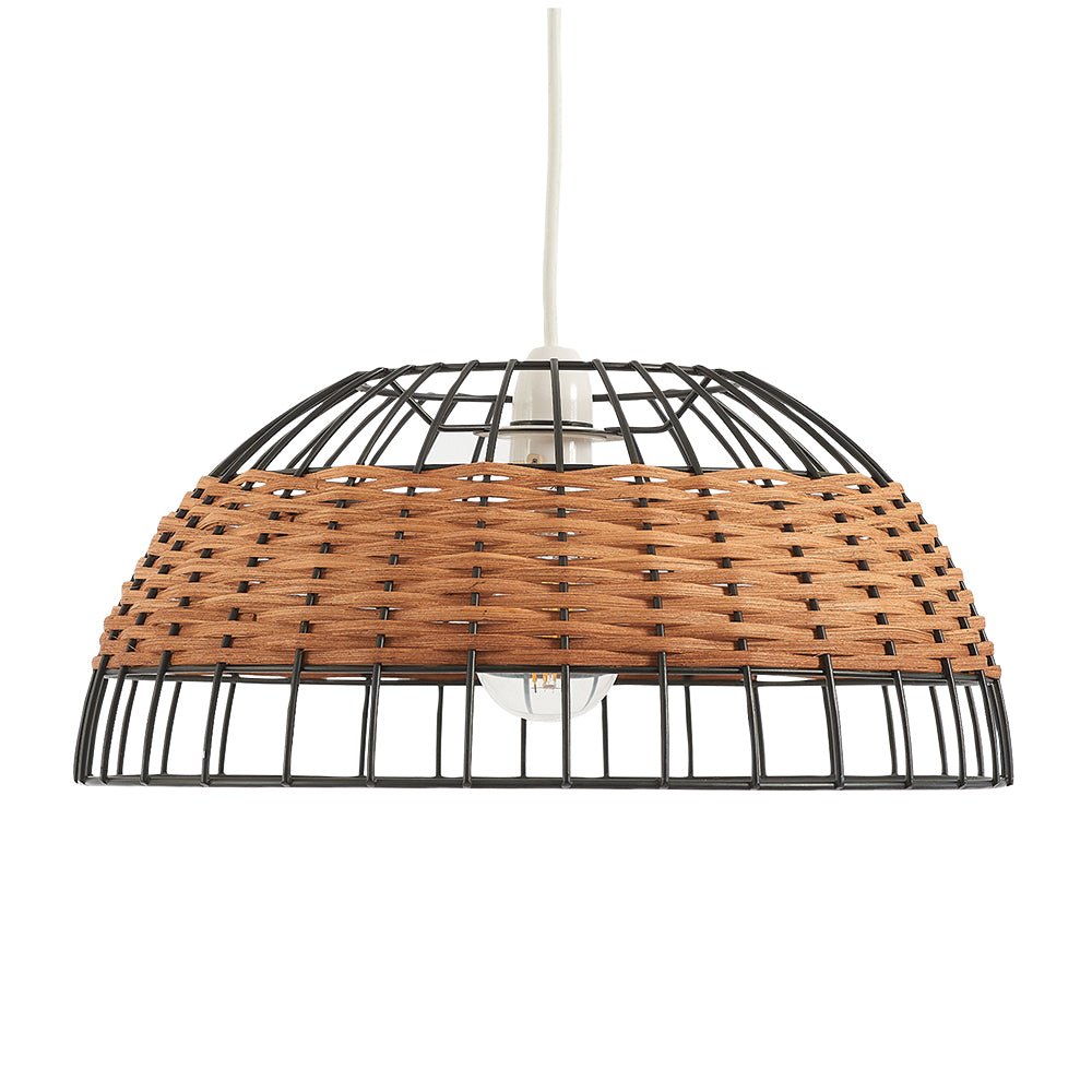 Oaks Lighting - Belfort Medium Non Electric Pendant Shade in Matt Black Metalwork With Rattan Detailing - Luminosity Designs Ltd
