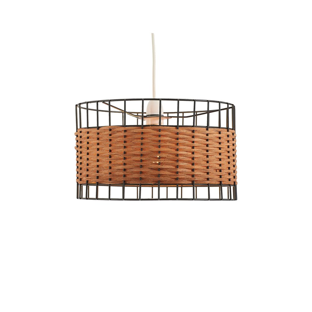 Oaks Lighting - Belfort Small Non Electric Pendant Drum Shade in Matt Black Metalwork With Rattan Detailing - Luminosity Designs Ltd
