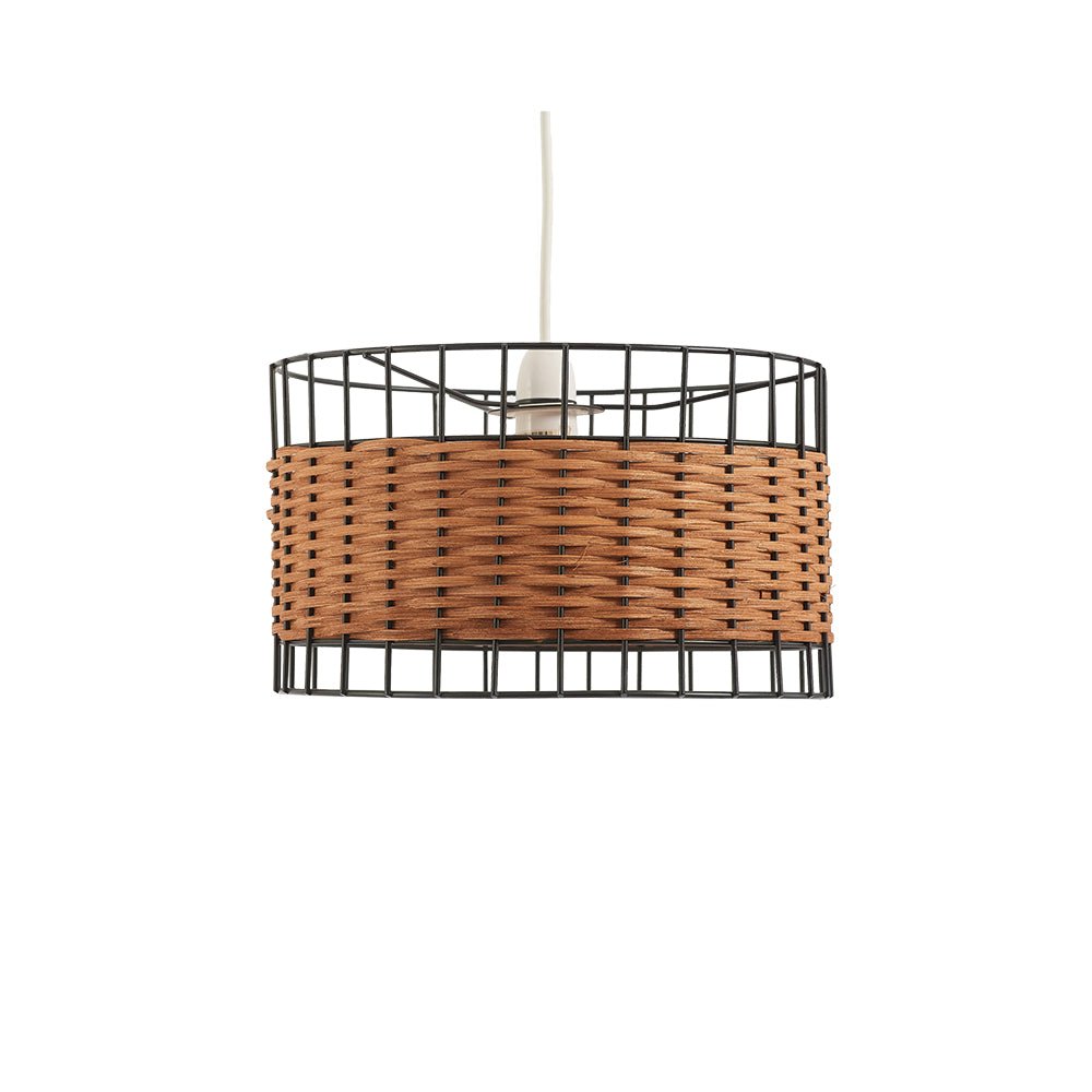 Oaks Lighting - Belfort Small Non Electric Pendant Drum Shade in Matt Black Metalwork With Rattan Detailing - Luminosity Designs Ltd