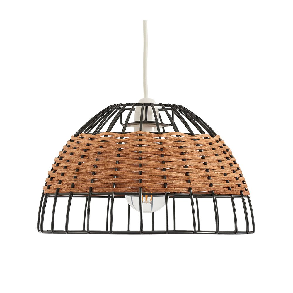 Oaks Lighting - Belfort Small Non Electric Pendant Shade in Matt Black Metalwork With Rattan Detailing - Luminosity Designs Ltd