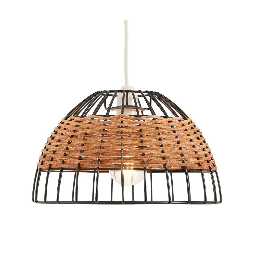 Oaks Lighting - Belfort Small Non Electric Pendant Shade in Matt Black Metalwork With Rattan Detailing - Luminosity Designs Ltd