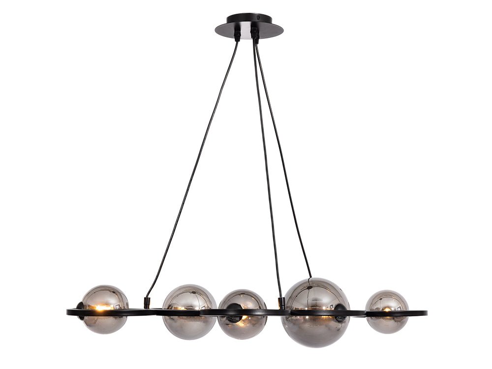 Broadwood 5 Light Pendant Bar Fitting With Black Framework and Smoke Glass Bubbles, (Oaks 3176/5 br) - Luminosity Designs Ltd