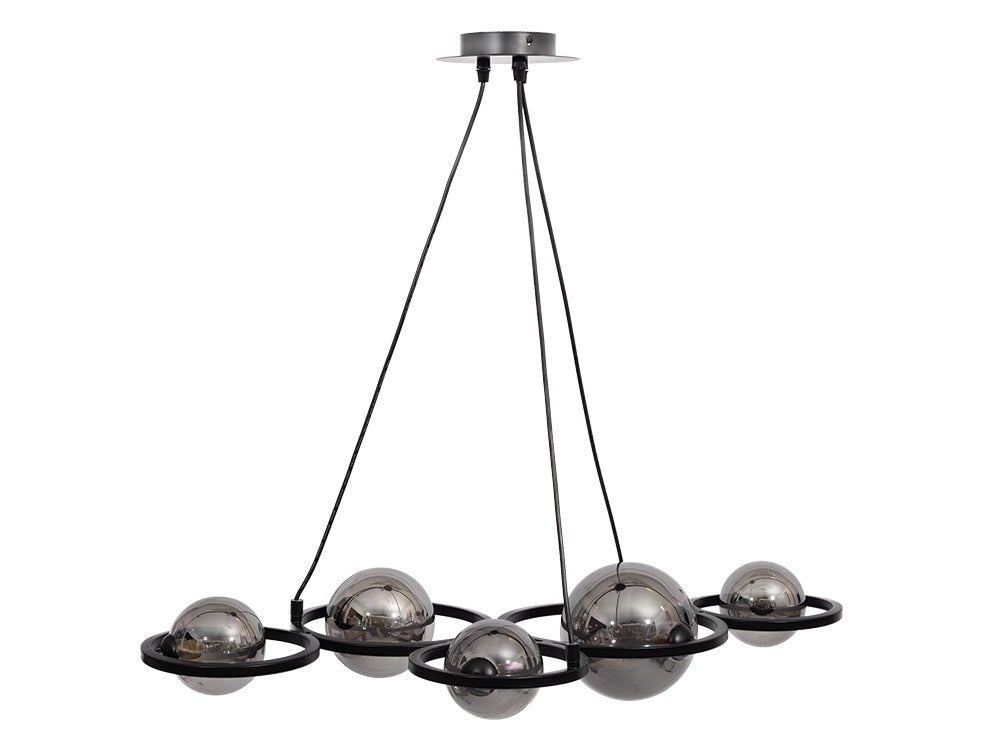 Broadwood 5 Light Pendant Bar Fitting With Black Framework and Smoke Glass Bubbles, (Oaks 3176/5 br) - Luminosity Designs Ltd
