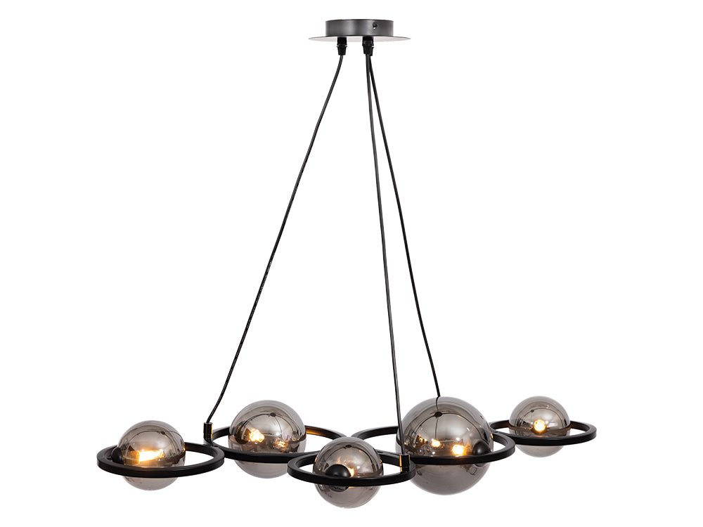 Broadwood 5 Light Pendant Bar Fitting With Black Framework and Smoke Glass Bubbles, (Oaks 3176/5 br) - Luminosity Designs Ltd