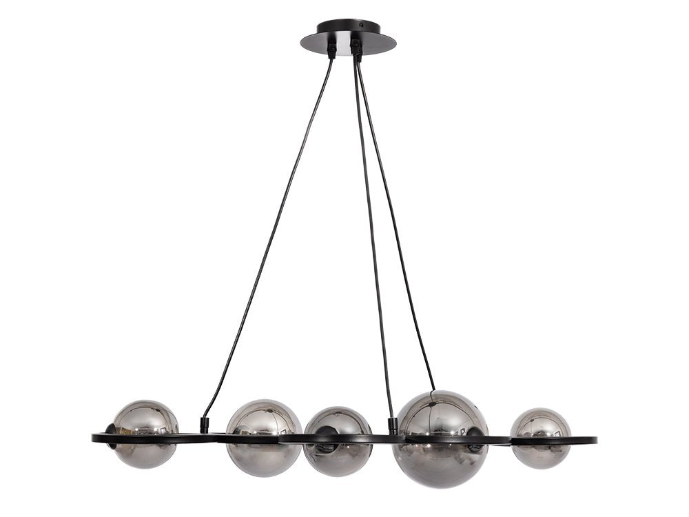 Broadwood 5 Light Pendant Bar Fitting With Black Framework and Smoke Glass Bubbles, (Oaks 3176/5 br) - Luminosity Designs Ltd