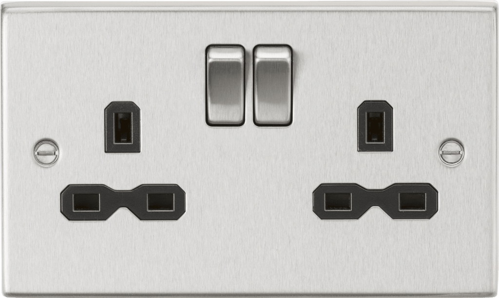 Knightsbridge - Brushed Chrome Squared Edge 13A 2G DP Switched Socket with Twin Earths - Luminosity Designs Ltd