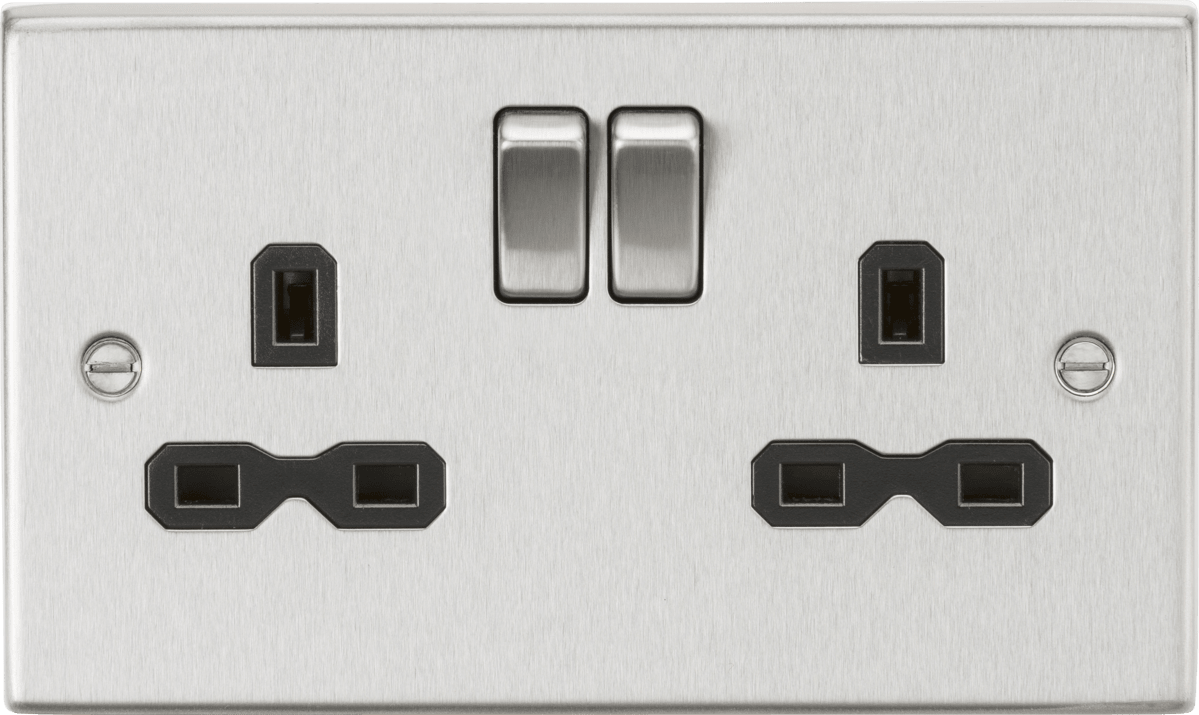 Knightsbridge - Brushed Chrome Squared Edge 13A 2G DP Switched Socket with Twin Earths - Luminosity Designs Ltd