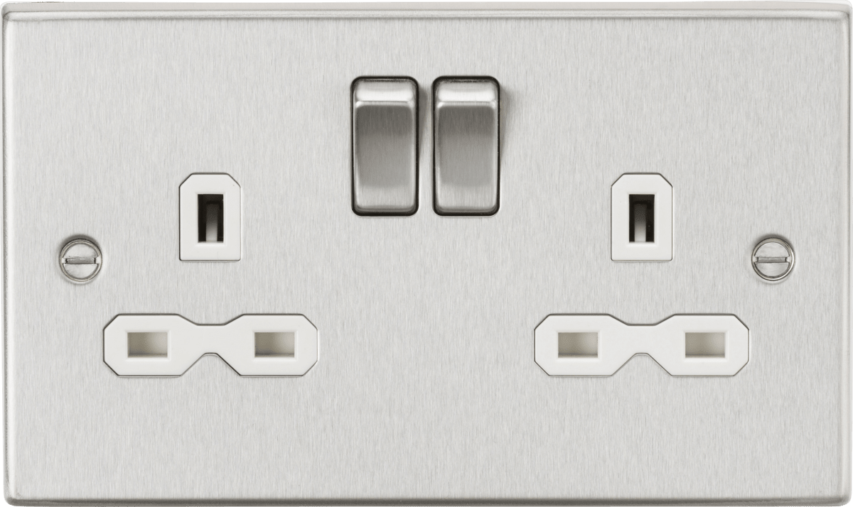 Knightsbridge - Brushed Chrome Squared Edge 13A 2G DP Switched Socket with Twin Earths - Luminosity Designs Ltd
