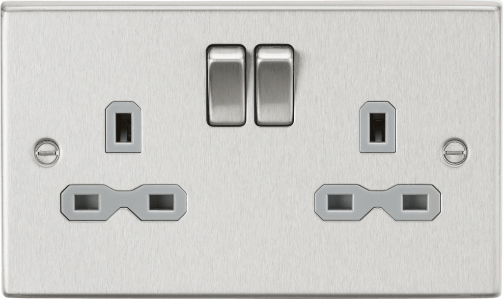 Knightsbridge - Brushed Chrome Squared Edge 13A 2G DP Switched Socket with Twin Earths - Luminosity Designs Ltd