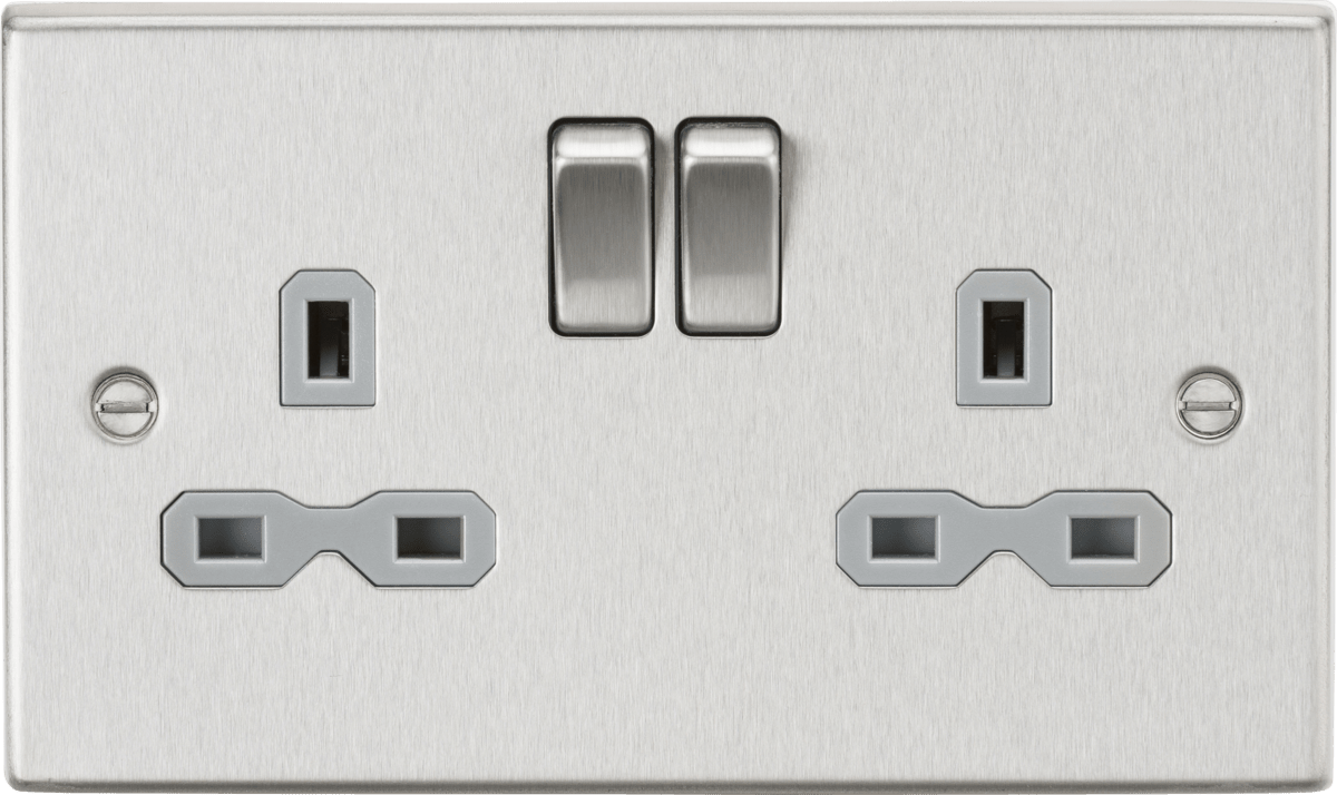 Knightsbridge - Brushed Chrome Squared Edge 13A 2G DP Switched Socket with Twin Earths - Luminosity Designs Ltd