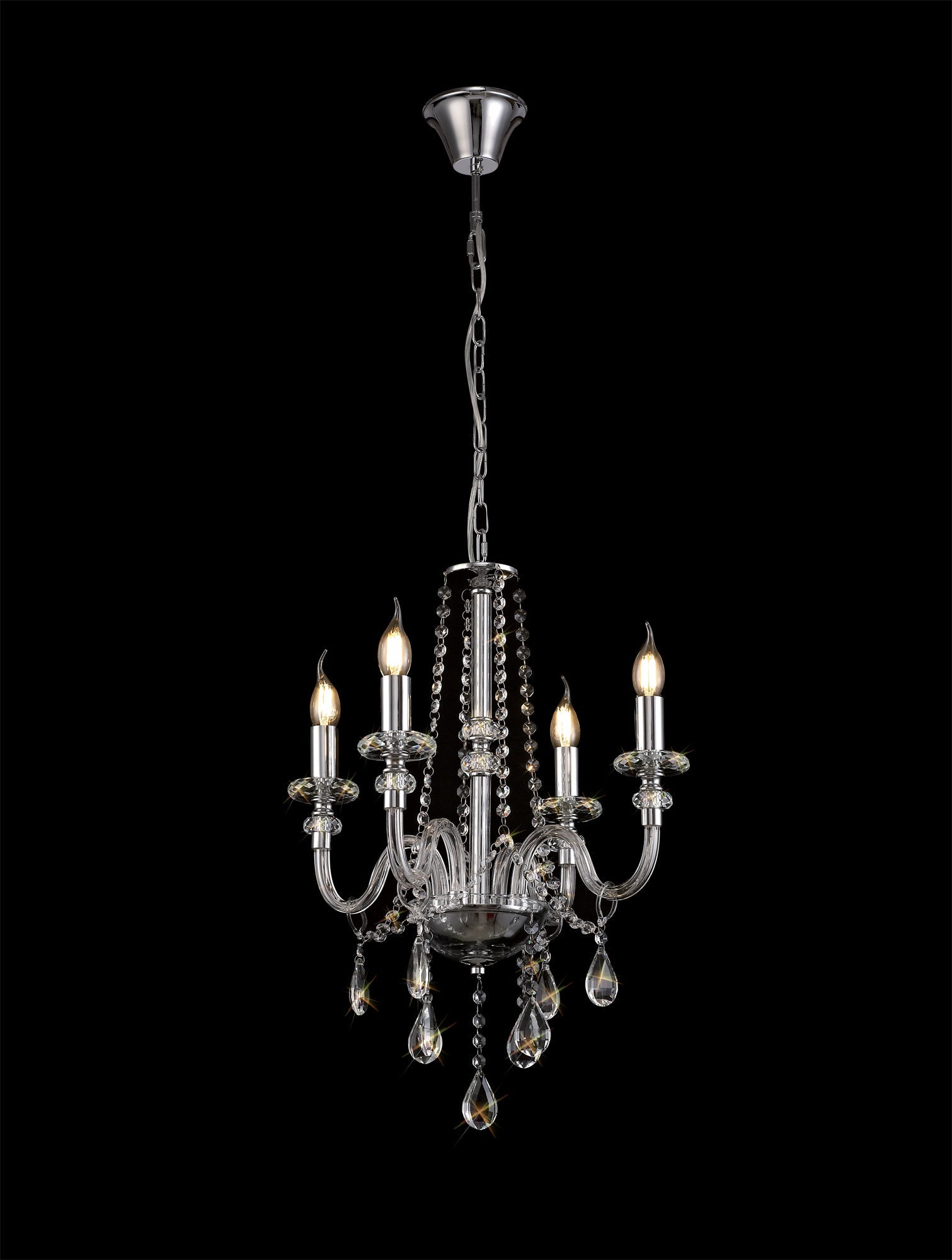 Luminosity Designs - Camelot 46cm Chandelier Pendant, 4 Light E14, Polished Chrome/Clear Glass/Crystal - Luminosity Designs Ltd