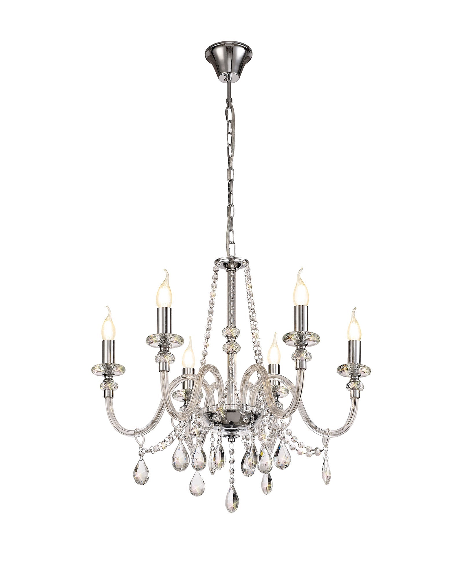 Luminosity Designs - Camelot 65cm Chandelier Pendant, 6 Light E14, Polished Chrome/Clear Glass/Crystal - Luminosity Designs Ltd