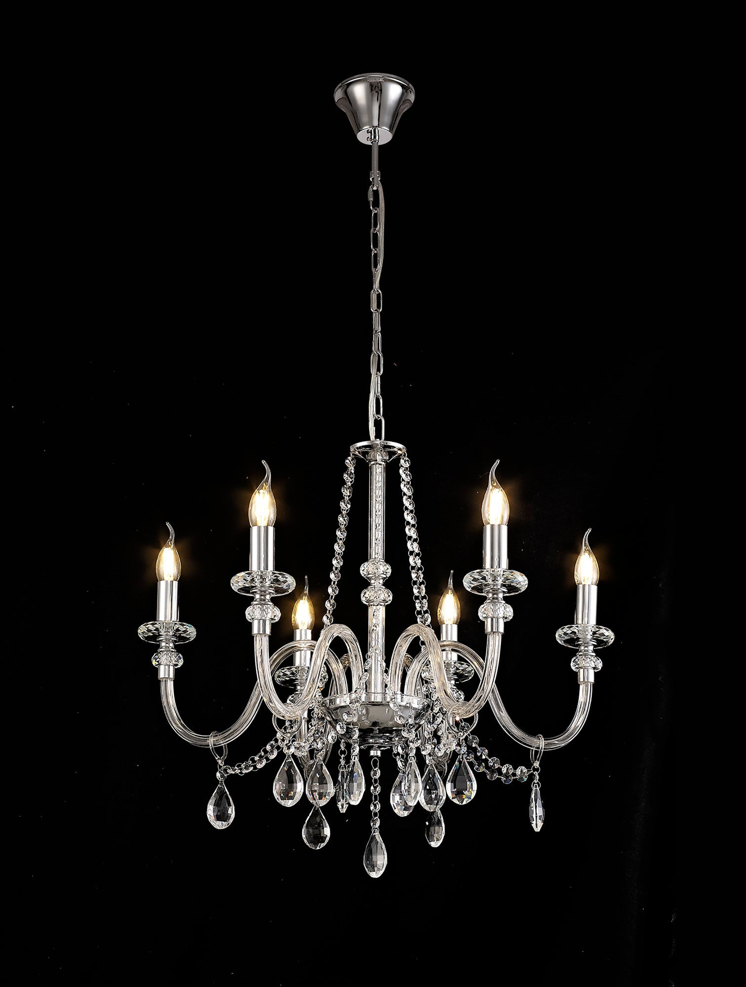 Luminosity Designs - Camelot 65cm Chandelier Pendant, 6 Light E14, Polished Chrome/Clear Glass/Crystal - Luminosity Designs Ltd