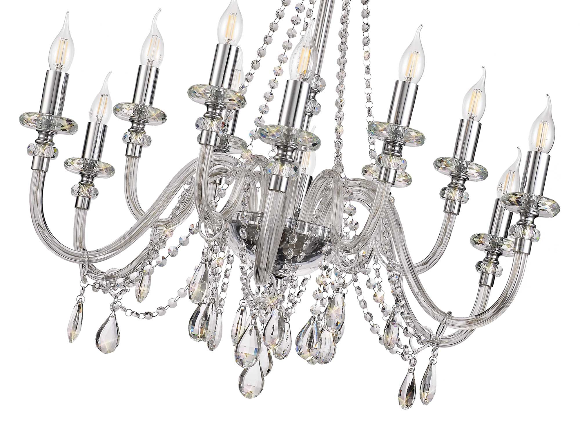 Luminosity Designs - Camelot 81cm Chandelier Pendant, 12 Light E14, Polished Chrome/Clear Glass/Crystal - Luminosity Designs Ltd