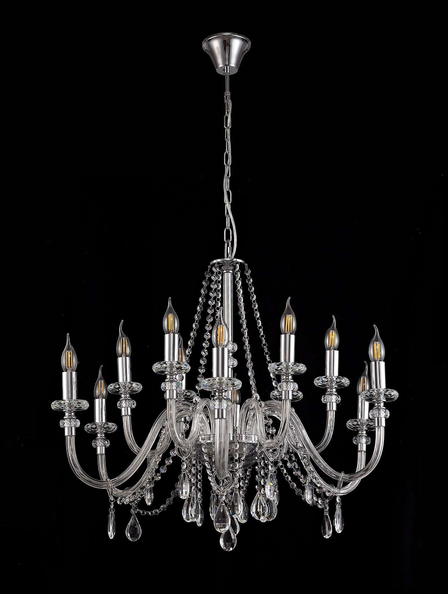 Luminosity Designs - Camelot 81cm Chandelier Pendant, 12 Light E14, Polished Chrome/Clear Glass/Crystal - Luminosity Designs Ltd