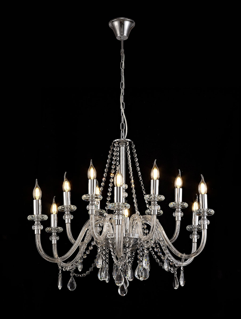 Luminosity Designs - Camelot 81cm Chandelier Pendant, 12 Light E14, Polished Chrome/Clear Glass/Crystal - Luminosity Designs Ltd