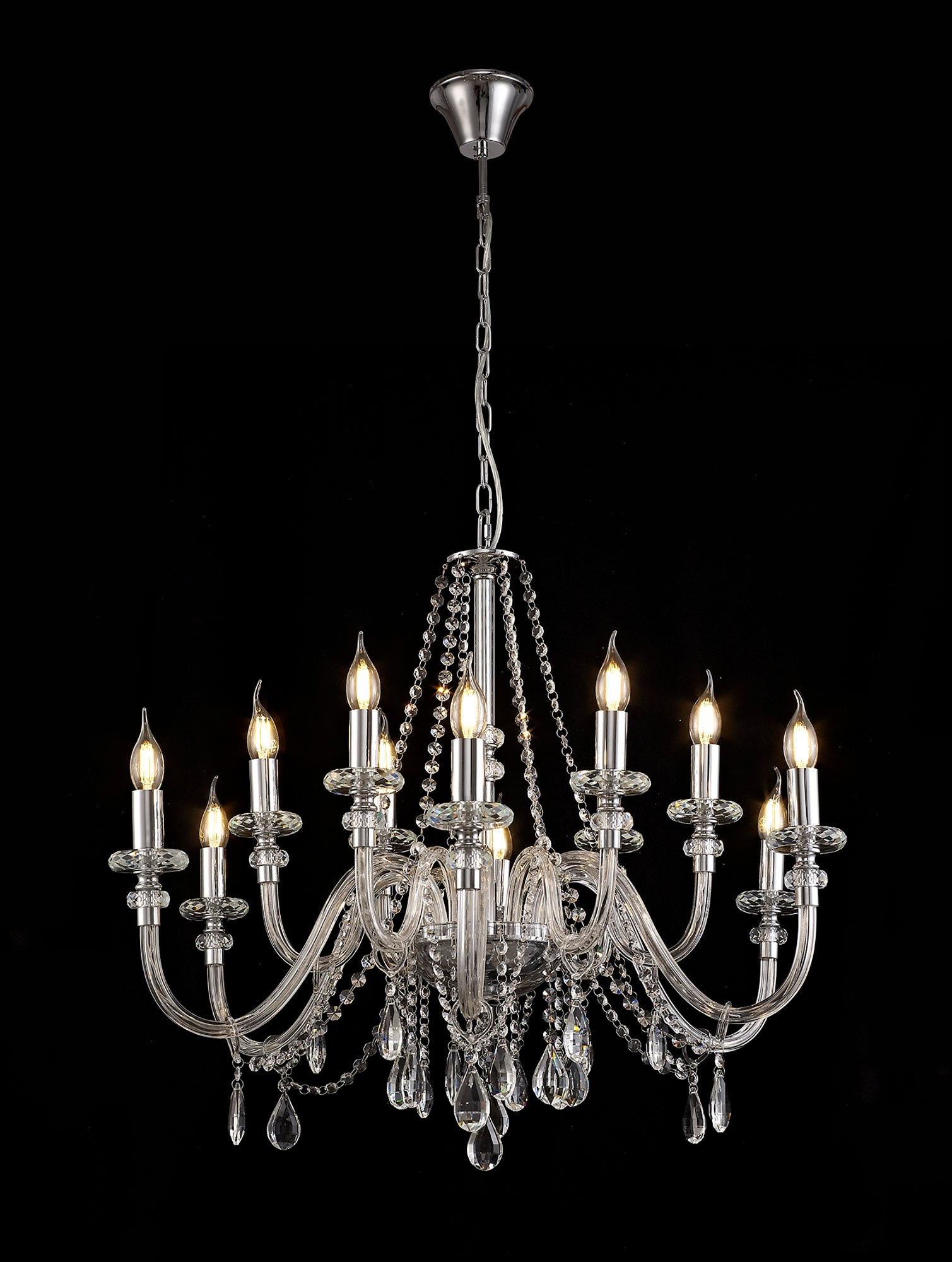 Luminosity Designs - Camelot 81cm Chandelier Pendant, 12 Light E14, Polished Chrome/Clear Glass/Crystal - Luminosity Designs Ltd