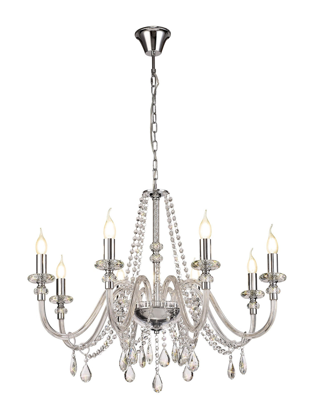 Luminosity Designs - Camelot 81cm Chandelier Pendant, 8 Light E14, Polished Chrome/Clear Glass/Crystal - Luminosity Designs Ltd