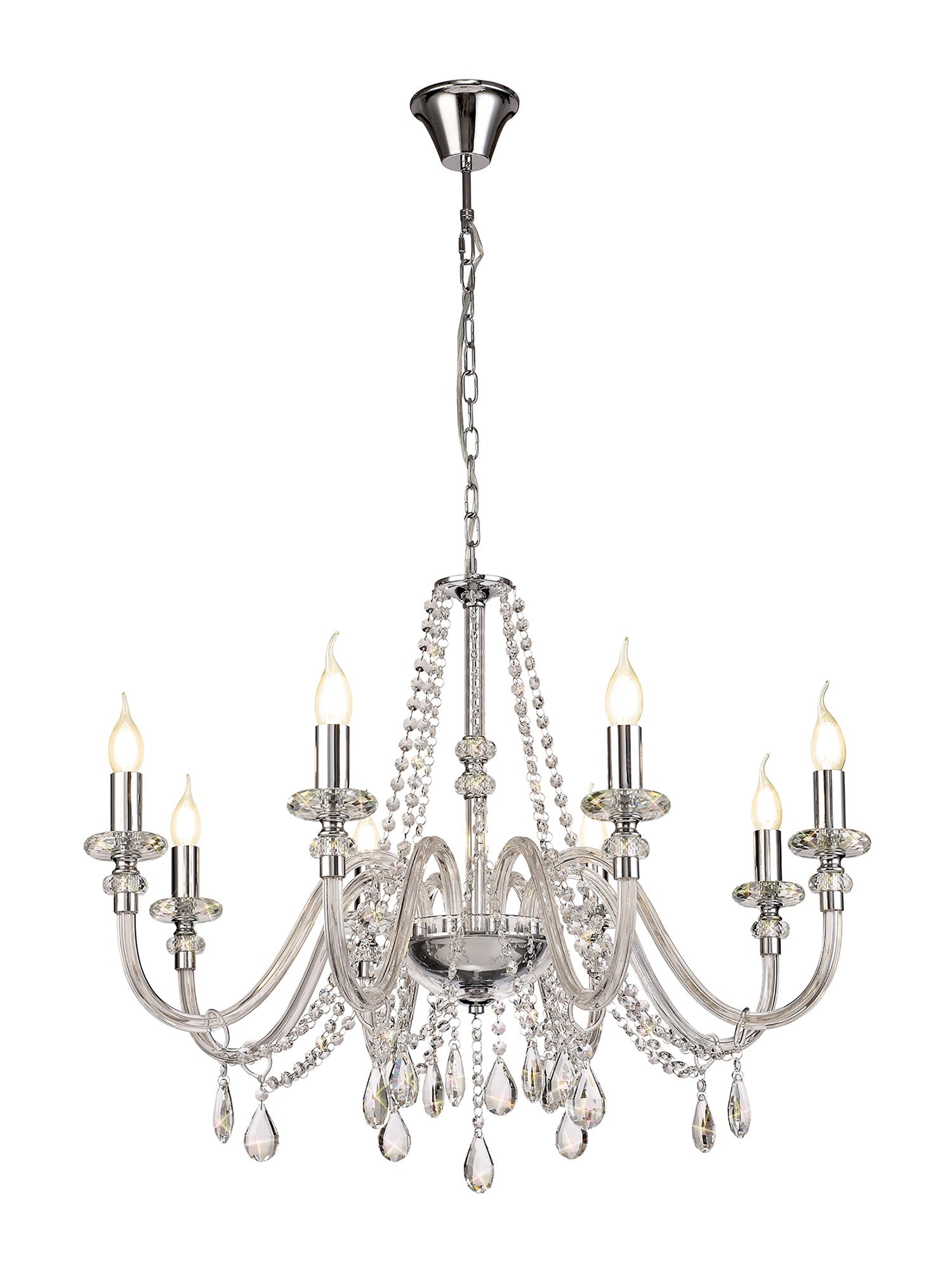 Luminosity Designs - Camelot 81cm Chandelier Pendant, 8 Light E14, Polished Chrome/Clear Glass/Crystal - Luminosity Designs Ltd