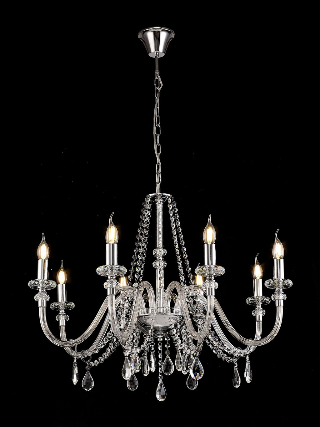 Luminosity Designs - Camelot 81cm Chandelier Pendant, 8 Light E14, Polished Chrome/Clear Glass/Crystal - Luminosity Designs Ltd