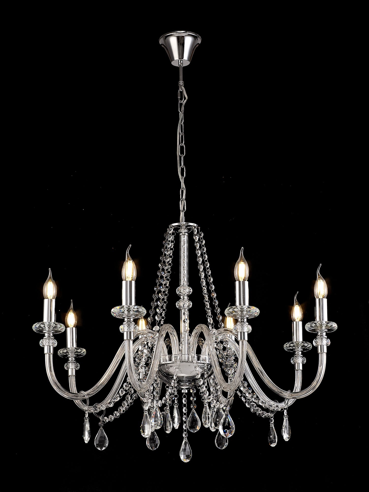 Luminosity Designs - Camelot 81cm Chandelier Pendant, 8 Light E14, Polished Chrome/Clear Glass/Crystal - Luminosity Designs Ltd