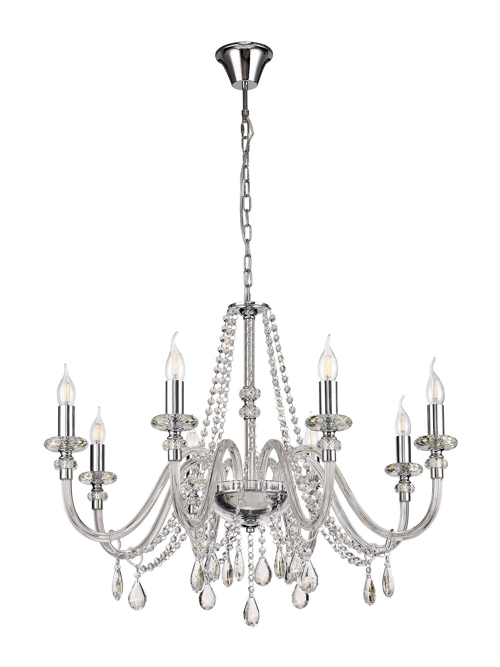Luminosity Designs - Camelot 81cm Chandelier Pendant, 8 Light E14, Polished Chrome/Clear Glass/Crystal - Luminosity Designs Ltd