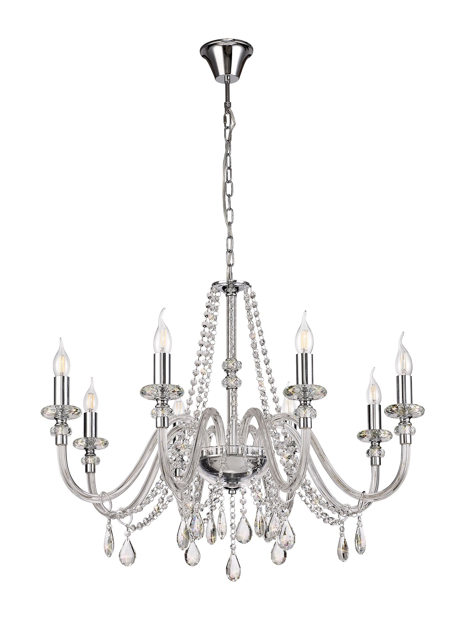 Luminosity Designs - Camelot 81cm Chandelier Pendant, 8 Light E14, Polished Chrome/Clear Glass/Crystal - Luminosity Designs Ltd