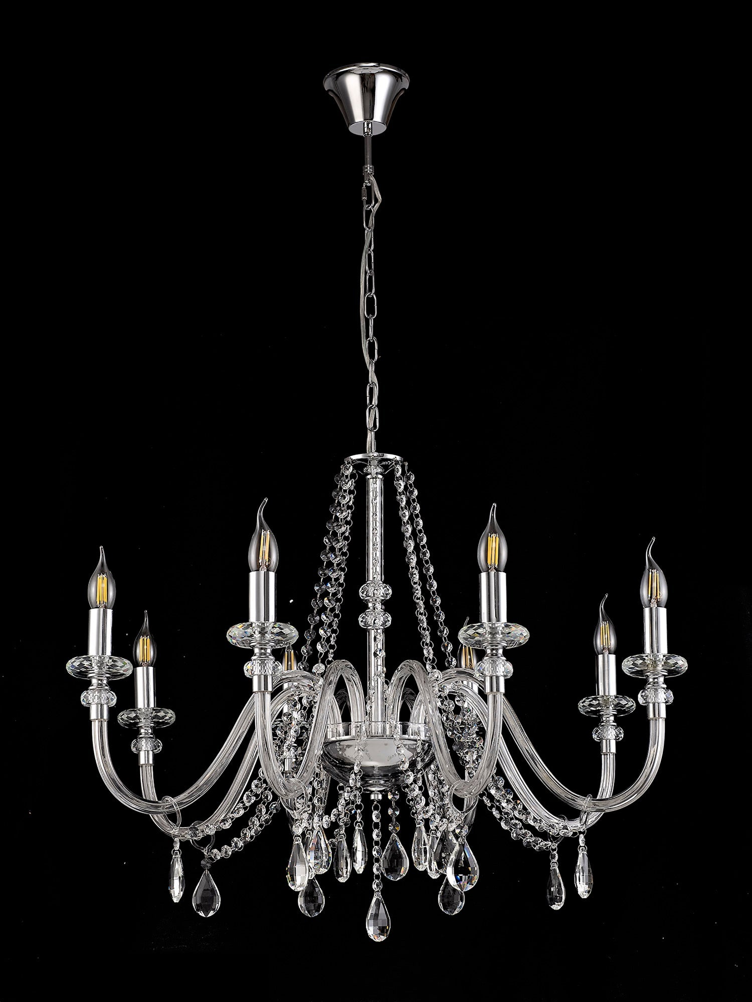 Luminosity Designs - Camelot 81cm Chandelier Pendant, 8 Light E14, Polished Chrome/Clear Glass/Crystal - Luminosity Designs Ltd