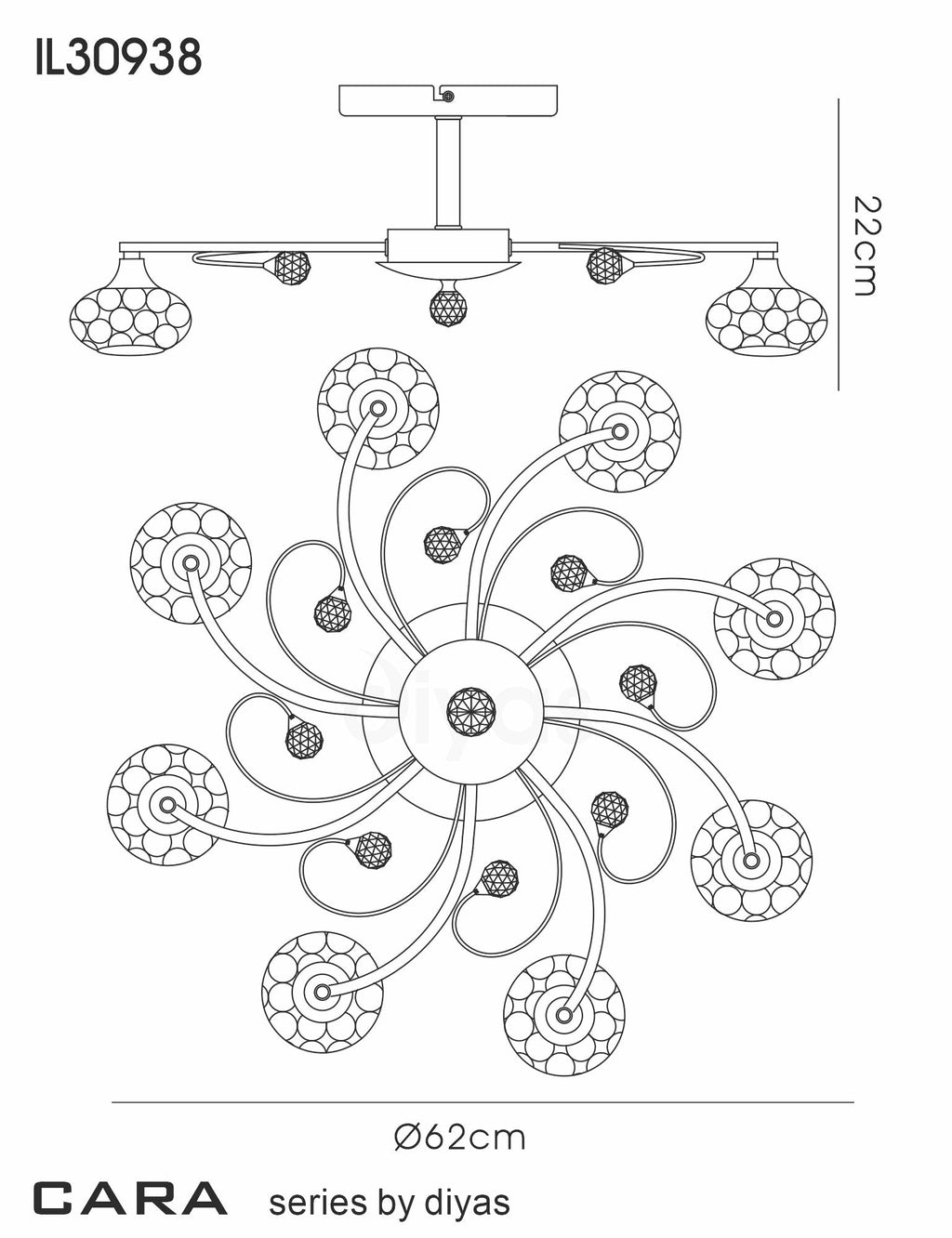 Diyas - Cara Large Semi Fush Ceiling Light - Luminosity Designs Ltd