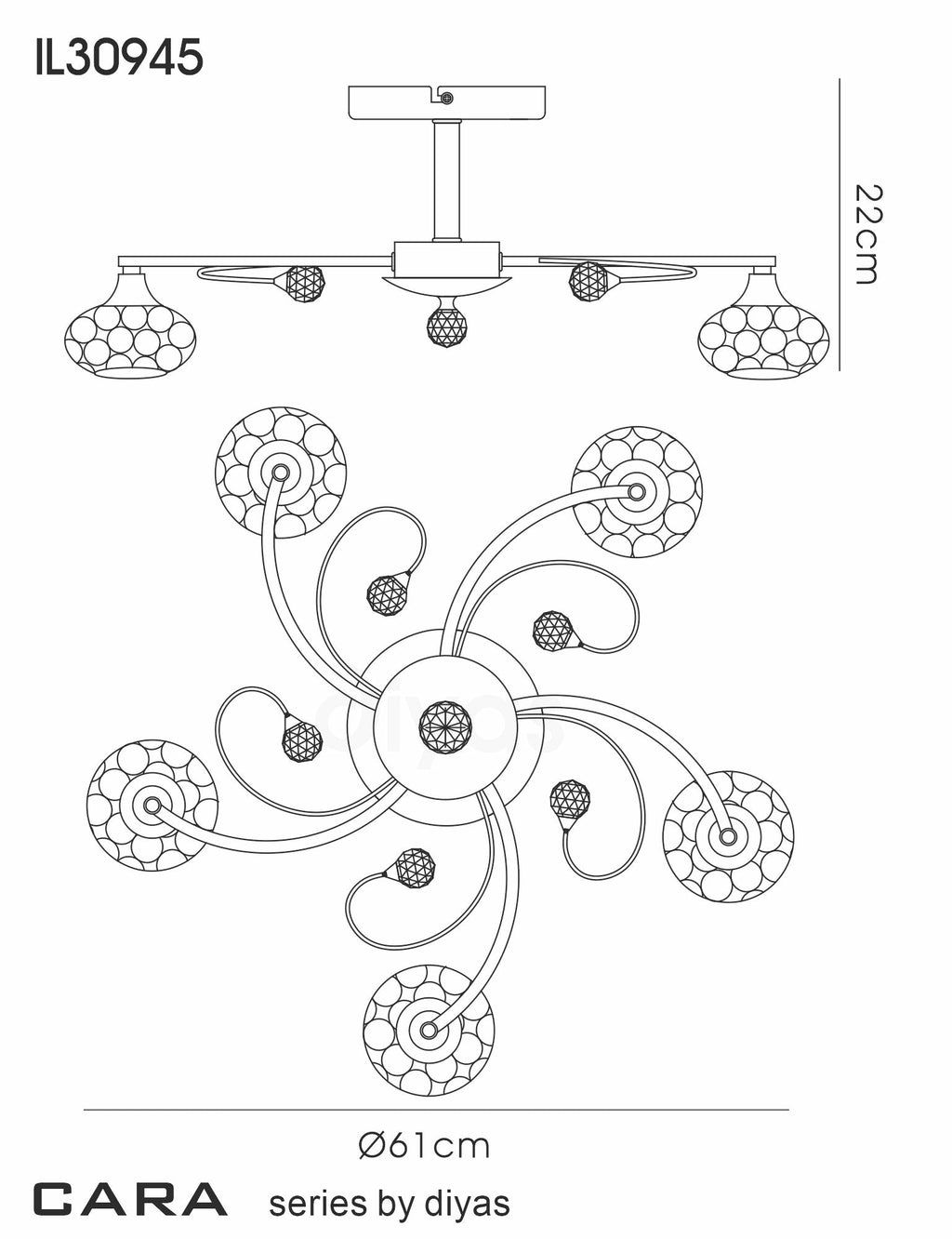 Diyas - Cara Medium Semi Fush Ceiling Light - Luminosity Designs Ltd