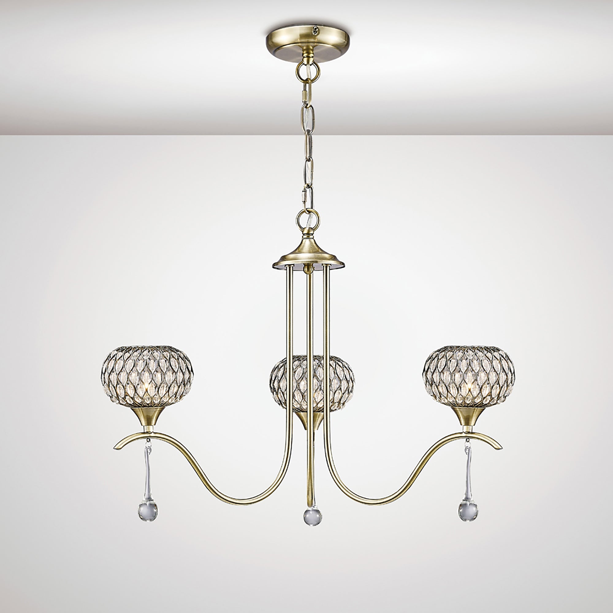 Diyas - Chelsie 3 Light Antique Brass and Crystal Pendant with G9 lamp holders (Diyas IL31513) - Luminosity Designs Ltd